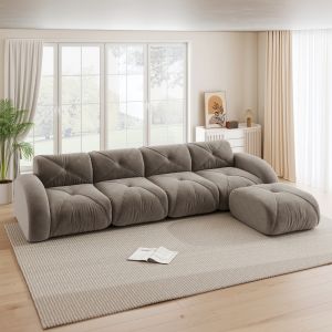 Sofá modular em l em chenille taupe 4 lugares com otomana