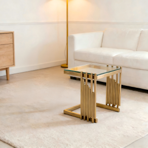 Mesa auxiliar quadrada vidro transparente aço dourado 32cm