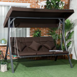 Baloiço de jardim 3 lugares com toldo ajustável castanho metal