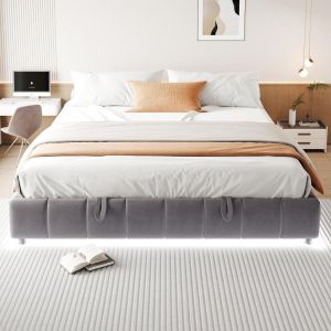 Cama baú hidráulica 180x200 cm sem cabeceira, LED sob a cama, cinzento