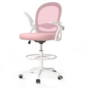 Cadeira de escritório com encosto alto, braços articulados, rosa