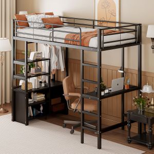 Cama alta 90x200cm com secretária, tomadas, usb, estantes e arrumação
