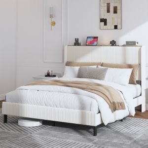 Cama estofada 160x200cm em bombazina com cabeceira acolchoada – bege creme