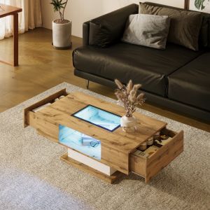 Mesa de centro com 2 gavetas, luz LED e vidro natural 39x110x60cm