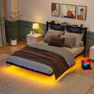 Cama 140x200cm, estrutura metálica suspensa LED, usb, cabeceira cinza