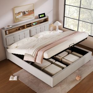 Cama estofada 160x200cm com arrumação e tomada linho – bege