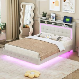 Cama estofada 140x200cm com porta usb e luz LED linho bege