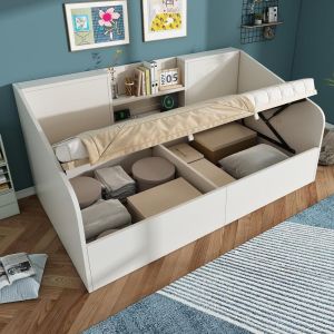 Cama hidráulica 90x200cm com prateleiras usb-c branco