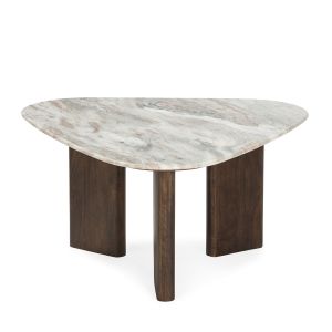 Mesa de centro 85,09x85,09x43,82 em mármore branco, madeira de nogueira
