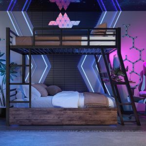 Cama alta 90x200 cm com secretária, gavetas, LED, escada, preta