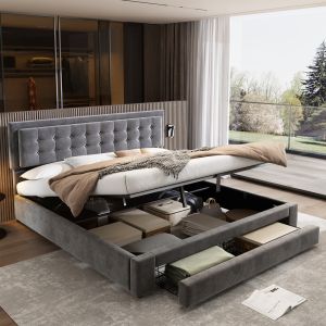 Cama de casal 160x200cm com arrumação e cabeceira ajustável veludo cinzento