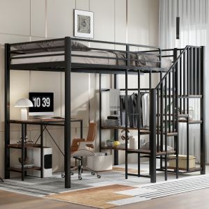 Beliche 120x200cm com mesa e estantes metal e mdf – preto