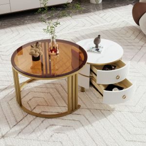 Mesa de centro redonda 2 peças com 2 gavetas branco 45x70x70cm