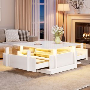 Mesa de centro quadrada com LED e 2 gavetas branco 35x70x70cm