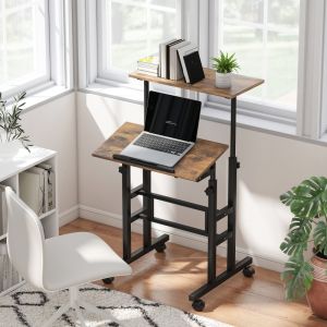 Mesa de escritório regulável com rodízios castanho rústico 70,5x60x60cm