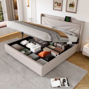 Cama estofada 180x200cm com arrumação e usb tipo c linho – bege