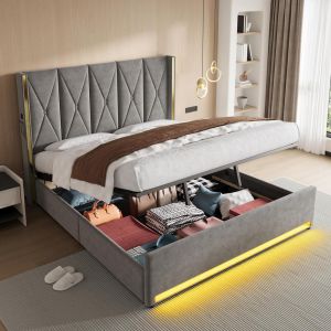 Cama 180x200cm com cabeceira, usb, LED e arrumação, cinzento escuro