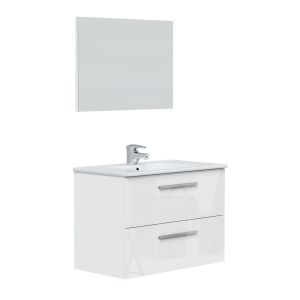 Móvel de banheiro axel com 2 gavetas, espelho e pia, branco brilhante