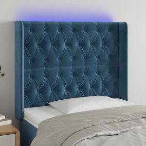 Cabeceira cama c/ luzes LED veludo 93x16x118/128 cm azul-escuro