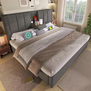 Cama tapizada,160x200,portavasos ocultos,gris