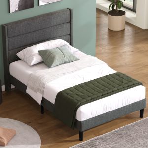 Cama estofada 90x200cm com cabeceira tecido linho cinzento escuro