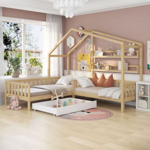 Cama infantil casinha 90x200cm + 140x70cm com gaveta e prateleiras natural