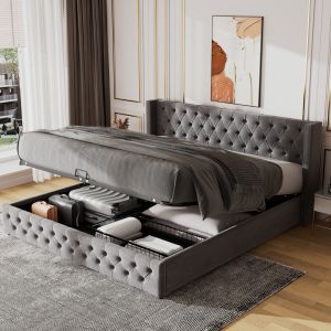 Cama de veludo 180x200cm com arrumação hidráulica e nopas cinzento