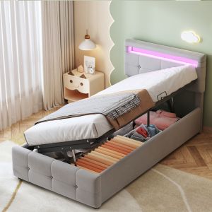 Cama estofada 90x200cm com LED e arrumação veludo – cinzento