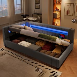 Cama divã em linho cinzento 90x200 cm com arrumação, LED e usb
