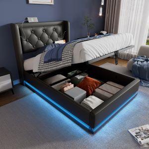 Cama estofada 90x200cm com arrumação LED usb e tipo c pu preto