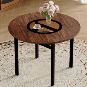 Mesa de jantar redonda com vidro e prateleira marrom preto 100cm