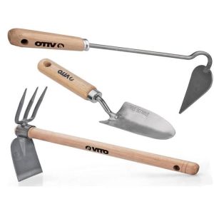 Kit de 3 ferramentas de jardim, cabo de madeira, aço inoxidável e ferro, fo