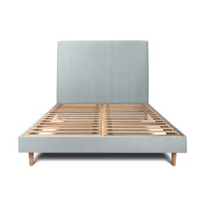 Cama de 135x190 cm com cabeceira estofada - tecido de veludo - cinzento-azu