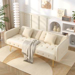 Sofá cama 2 lugares em veludo bege com encosto e braços ajustáveis