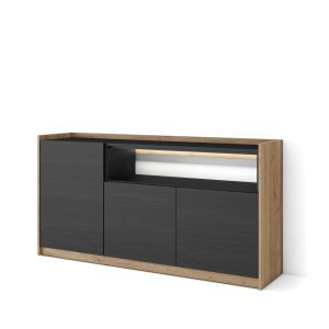 Aparador sala de jantar, 156x37x80cm, preto e carvalho, LED rf4945