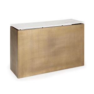 Console 122x40x85 em metal dourado antigo e mármore branco.