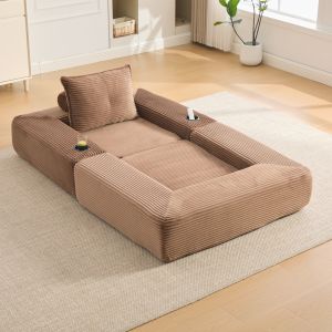 Sofá-cama modular em cotelê castanho com bolso lateral e suporte para copos