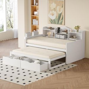 Cama 90x200cm com cama auxiliar 90x190cm, 2 gavetas, usb branco