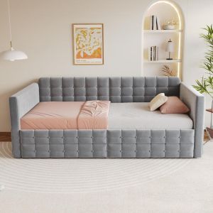 Cama sofá com 2 gavetas e bolsos laterais, 90x190cm, cinzento
