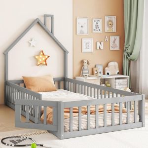 Cama infantil 90x200cm madeira formato chaminé com grade cinza