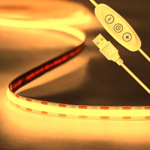Fita LED 5v cob branco quente 3000k. Usb+regulador. Interior ip20, 8w/m 2m