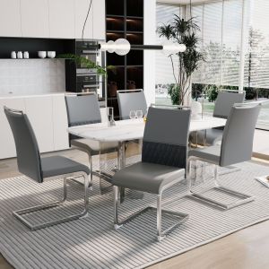 Cadeira de jantar ergonómica em metal cinzento com encosto em pu e linho