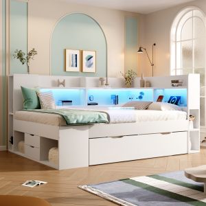 Cama com arrumação 140x200cm com LED usb e tipo c madeira branco