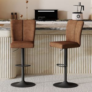 Conjunto 2 bancos bar giratórios 360° tecido castanho e metal preto