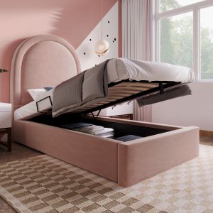 Cama estofada 90x200cm com arrumação com colchão veludo – rosa