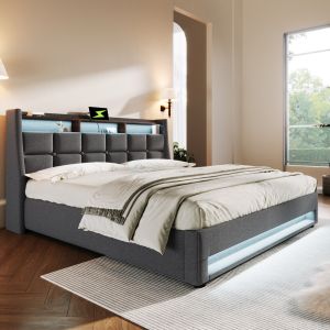 Cama estofada 180x200cm com usb e LED em linho – cinzento