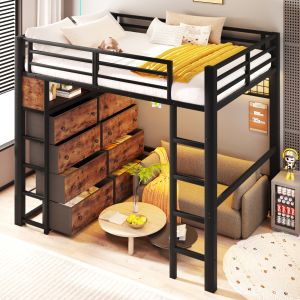 Cama alta 140x200cm com 8 gavetas metal e mdf com iluminação LED cor preto