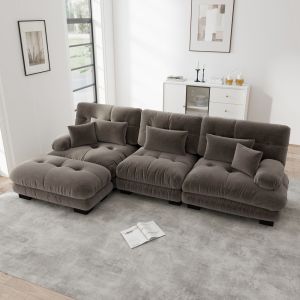 Sofá modular em l em chenille castanho com otomanas móveis