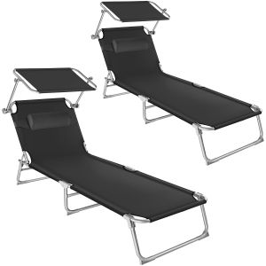 2 espreguiçadeiras ajustávels 4 níveis com pala e reposacabezas, preto