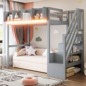Beliche com arrumação e luz LED madeira 90x200cm – cinzento